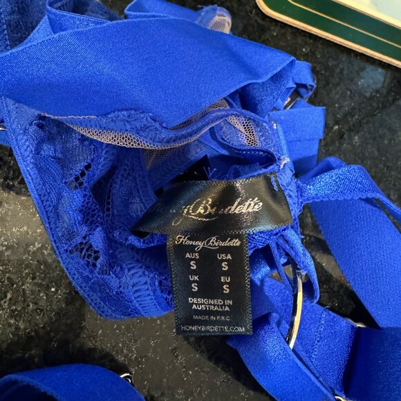 Honey Birdette Morgan Kukuro Electric Blue Set Small Medium Bra Panty Garter - Picture 6 of 13